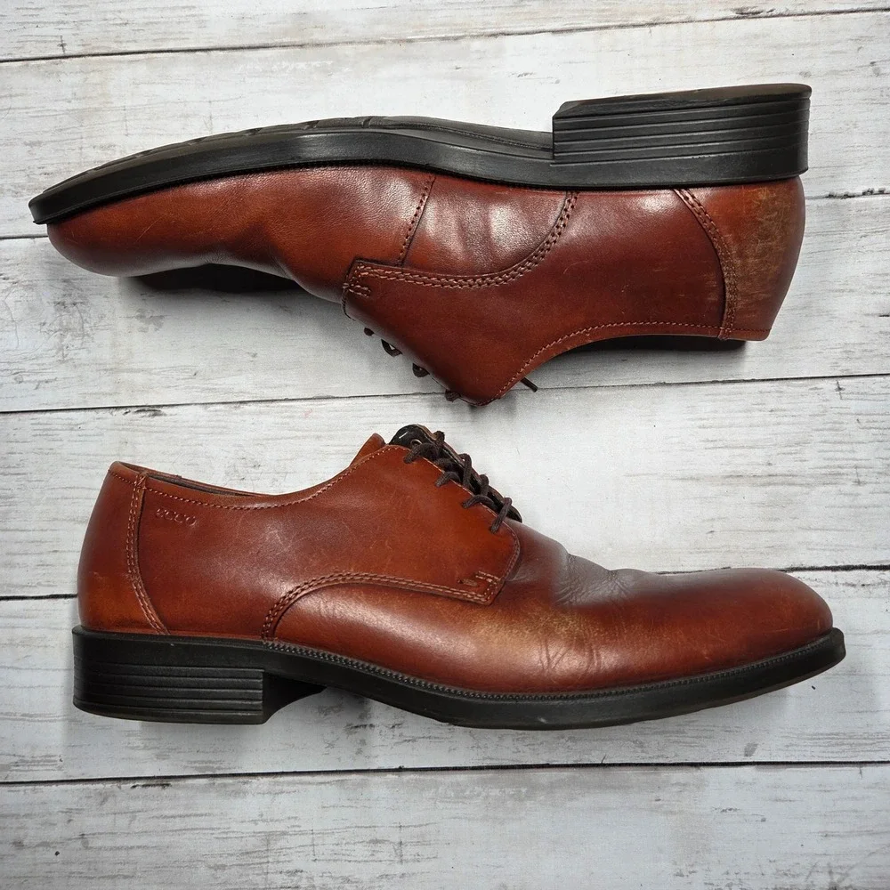 ECCO Plain Toe Derby Dress Shoes Mens 46 Cognac Brown Leather Lace Up